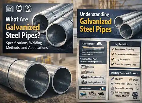 Infographic summarizing what are galvanized steel pipes covering the hot-dip manufacturing process, key benefits like corrosion resistance, welding safety precautions, and industrial application